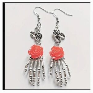 Silver Skeleton Hand & Flower Earrings